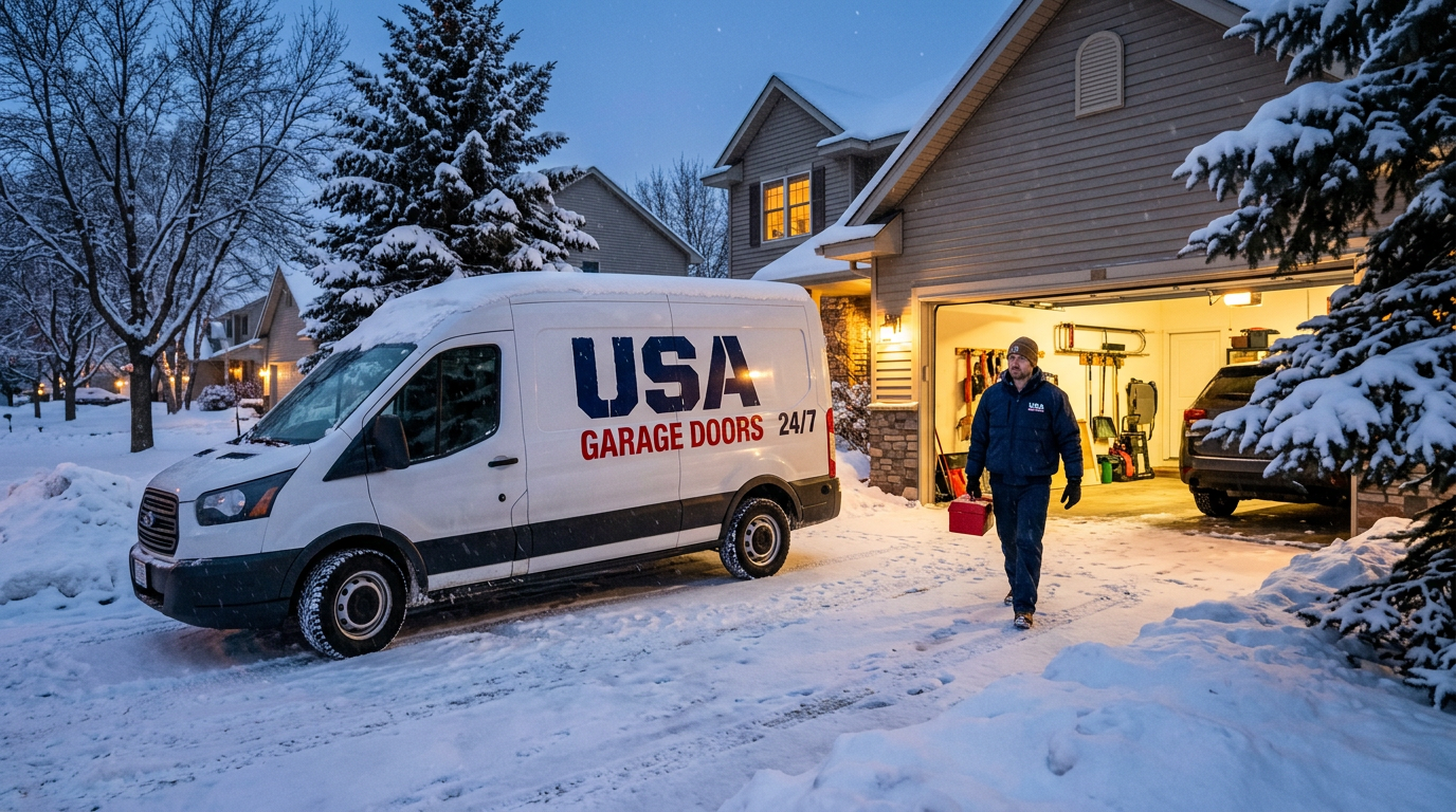 USA Garage Doors service van and technician at a snowy Minnesota home