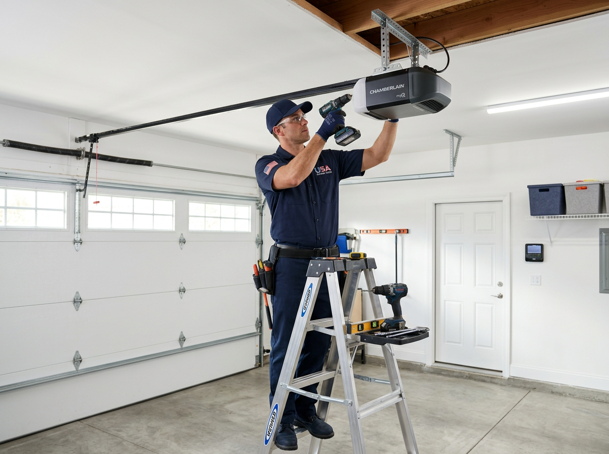 USA Garage Doors technician installing a belt-drive smart garage door opener