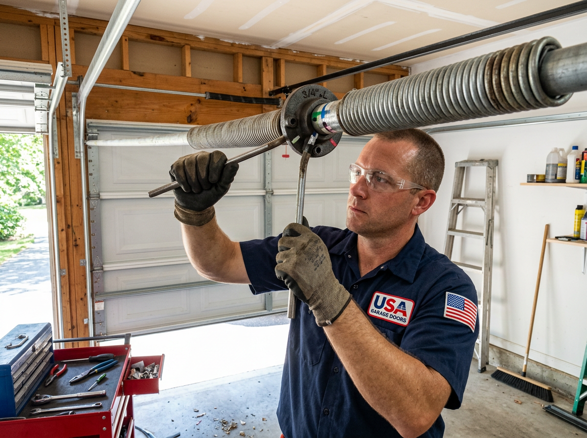 USA Garage Doors technician safely tensioning a garage door torsion spring