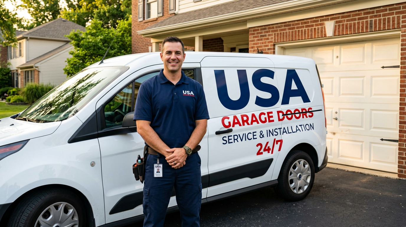 USA Garage Doors technician in a branded uniform beside a 24/7 service van